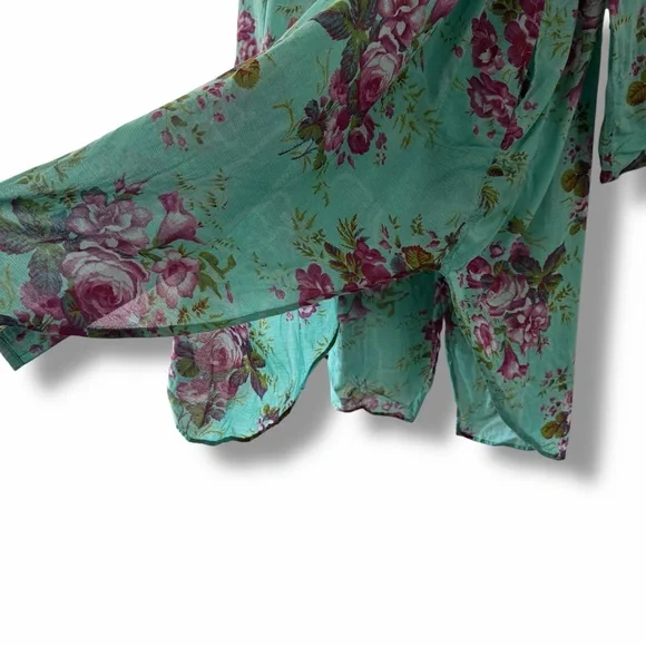 April Cornell Teal Cottage Rose Floral Print Button Down Tunic Top Boho Medium - Picture 10 of 13